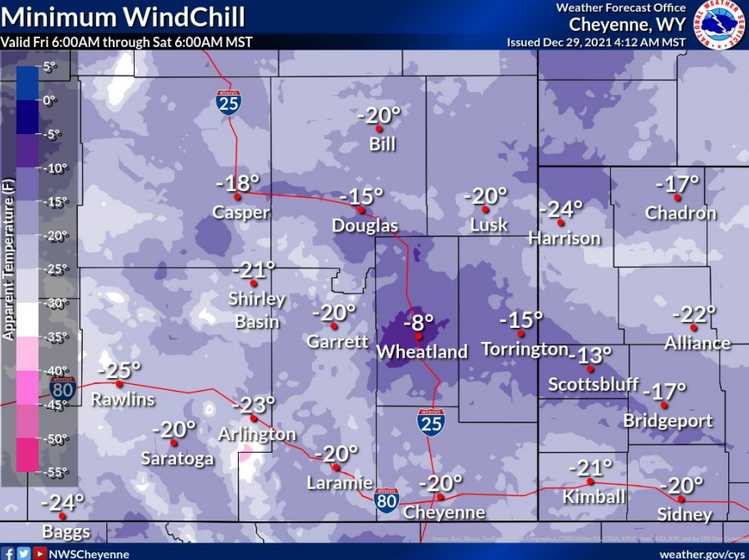 This map courtesy of NWS Cheyenne shows the forecast wind chills for the western panhandle and southeast Wyoming in the morning hours Saturday.