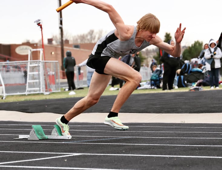 Sidney senior Mitch Deer fires from the blocks in the 4x400 meter relay at the Western Conference Meet Friday, April 29, 2022 in Sidney.