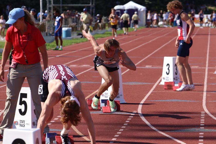 Sidney senior Mitchell Deer fires off the blocks at the start of the Class B 400-meter dash finals at the Nebraska high school state track and field meet on Thursday. Deer claimed the all-class gold medal with a time of 49.42.