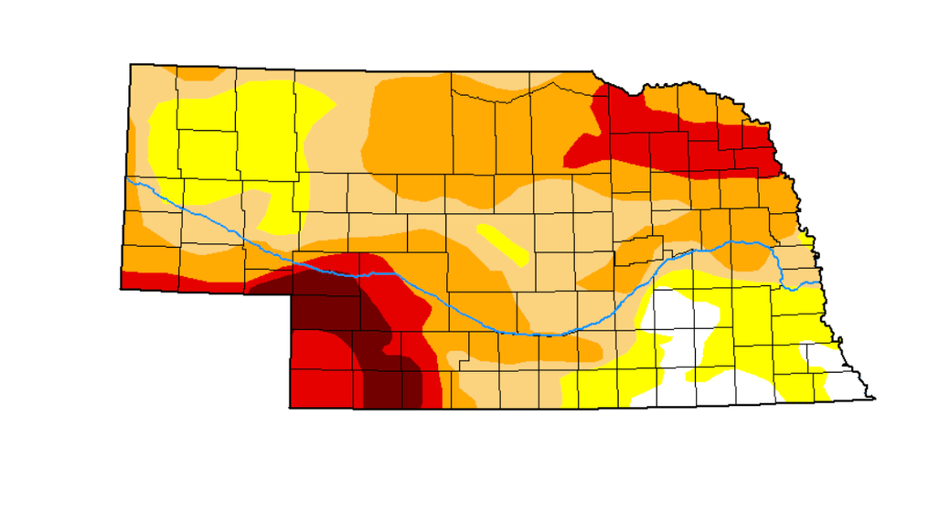 This map shows drought Conditions in Nebraska as of August 16.