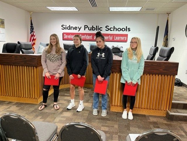 The Sidney School District Board of Education recognized the October Students of the Month Monday evening. Pictured from left are: Allison Deal, Ryan Dillehay, Amelia Mazour an Ashlynn Reisdorff; not pictured: Ashlyn Sprenger and Johnathan Meza.