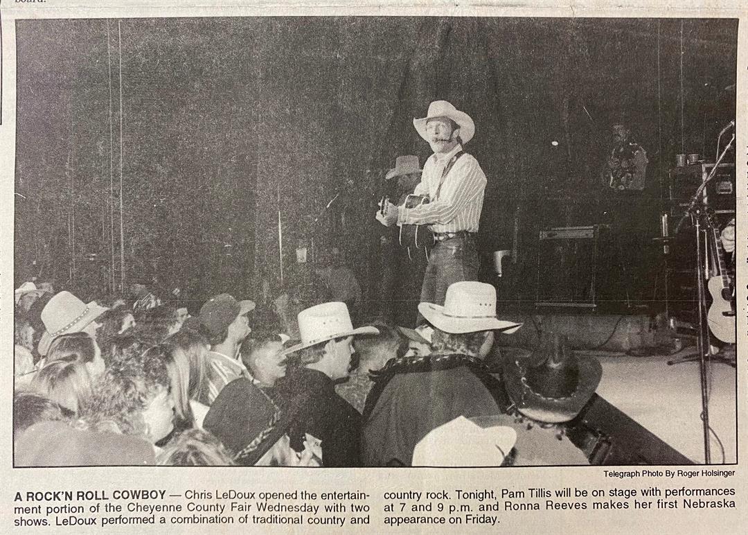A Sidney newspaper clipping shows the late Chris LeDoux performing at the Cheyenne County Fair in Sidney in July 1993. Chris' son, Ned, is scheduled to perform at the fair on July 28, 2023.