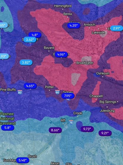 A 36-hour snowfall forecast from the WeatherEye Weather Center, weather partners of News Channel Nebraska, as of 7 a.m. Saturday, March 25, 2023.