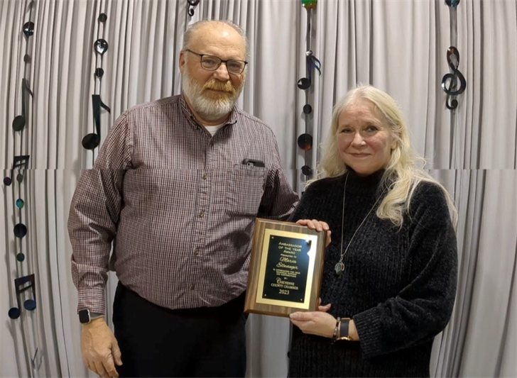 Marva Ellwanger is pictured with her husband Jeff at the Cheyenne County Chamber of Commerce awards dinner. The Chamber recognized Marva Ellwanger as Ambassador of the Year.