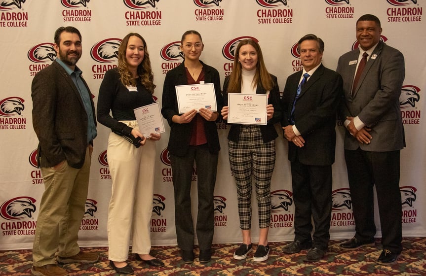 Winners of the Job Interview in Chadron State College's 7th Annual Best of the West Business Competition pose in the Student Center Jan. 31, 2024.