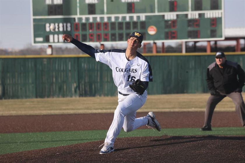 Adrian Short delivers a pitch in the second game of a doubleheader with Luna Community College on Friday at Cleveland Field.
