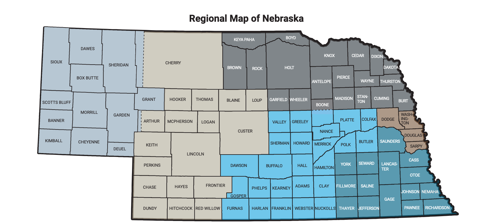 The 6 Regions 1 Nebraska divides the state by its community college districts.