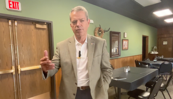 Gov. Jim Pillen spoke to a pack house at the town hall meeting in Alliance June 27.