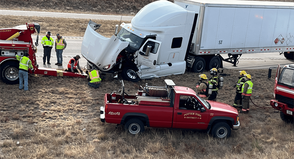Two truck-trailers collided near milemarker 46 between Sidney and Potter on Interstate 80; one person was transported to the hospital by ambulance.