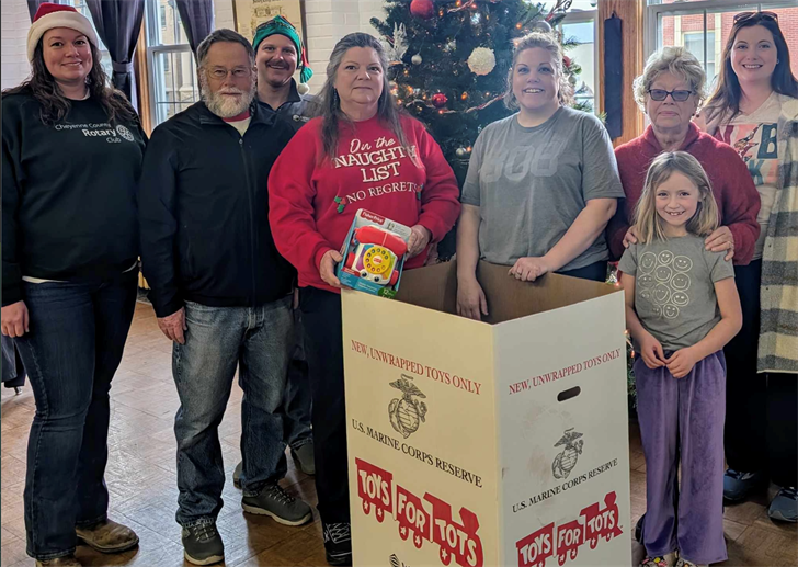 The Cheyenne County Rotary Club will begin administering the local Toys for Tots program in 2025. Pictured from left: Toshia Jones, Jeff Kromberg, Ian Goding, Ruth Ann Emerson, Christina Gudahl, Nancy Sanders, Kaylie Mitchell and Kendra Mitchell.