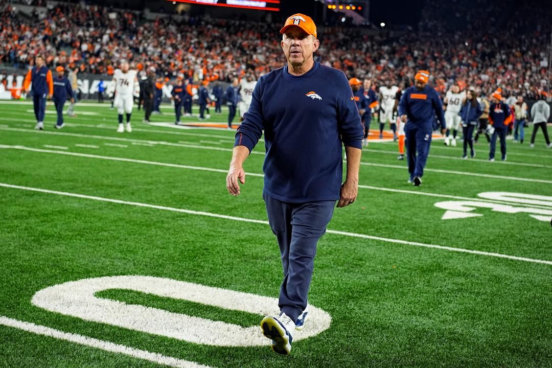 Denver Broncos head coach Sean Payton walks off the field following an NFL football game against the Cincinnati Bengals in Cincinnati, Saturday, Dec. 28, 2024.