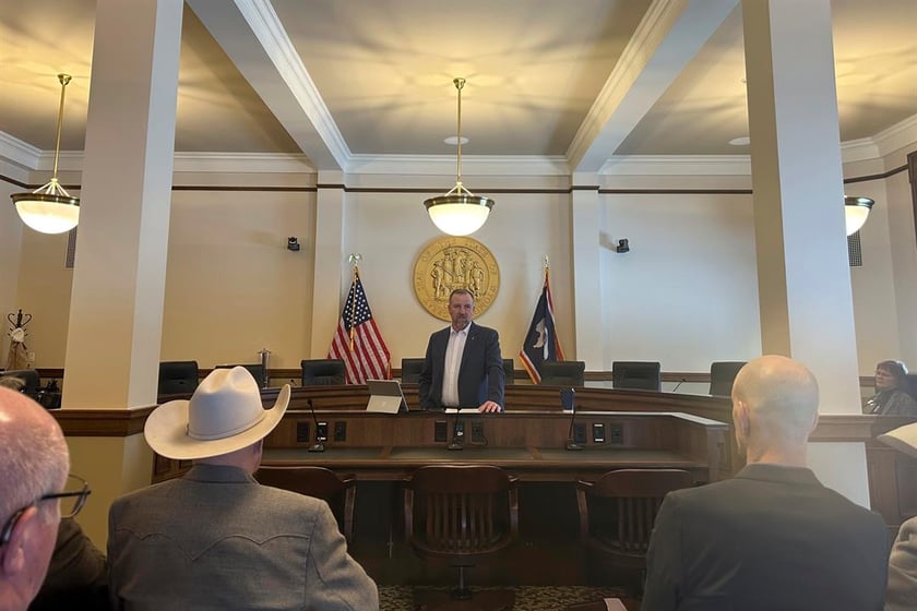 Wyoming House Speaker Chip Neiman, a Republican and member of the chamber's Freedom Caucus, addresses a news conference in Cheyenne, Wyo., Friday, March 7, 2025.