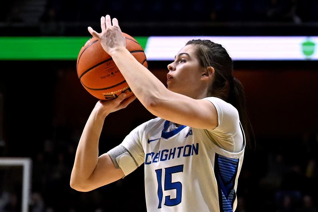 Creighton guard Lauren Jensen (15) shoots during the first half of an NCAA college basketball game against Seton Hall in the semifinals of the Big East Conference tournament, Sunday, March 9, 2025, in Uncasville, Conn.