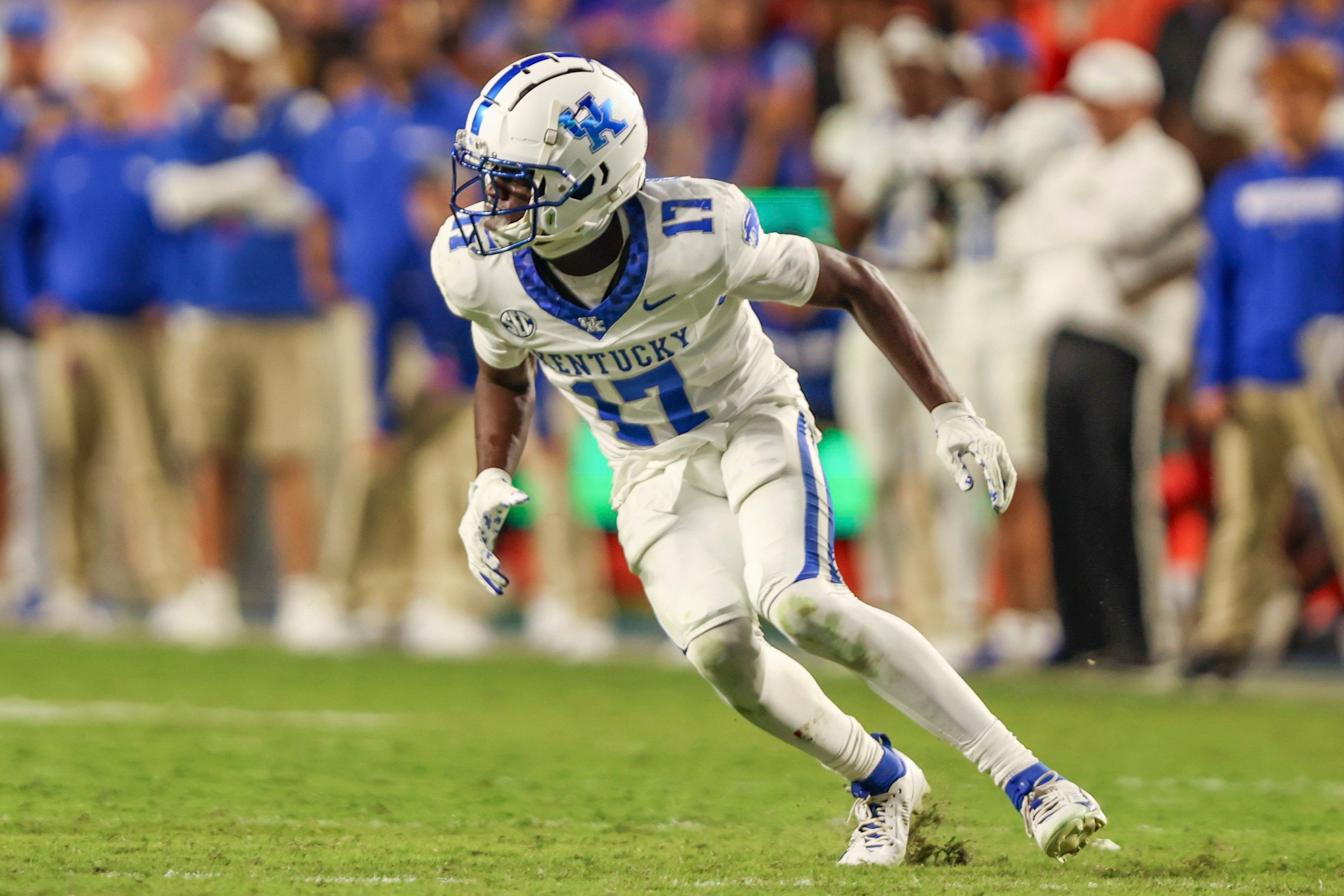 Kentucky wide receiver Hardley Gilmore IV (17) runs a pass route during an NCAA college football game against Florida, Saturday, Oct. 19 2024, in Gainesville, Fla.