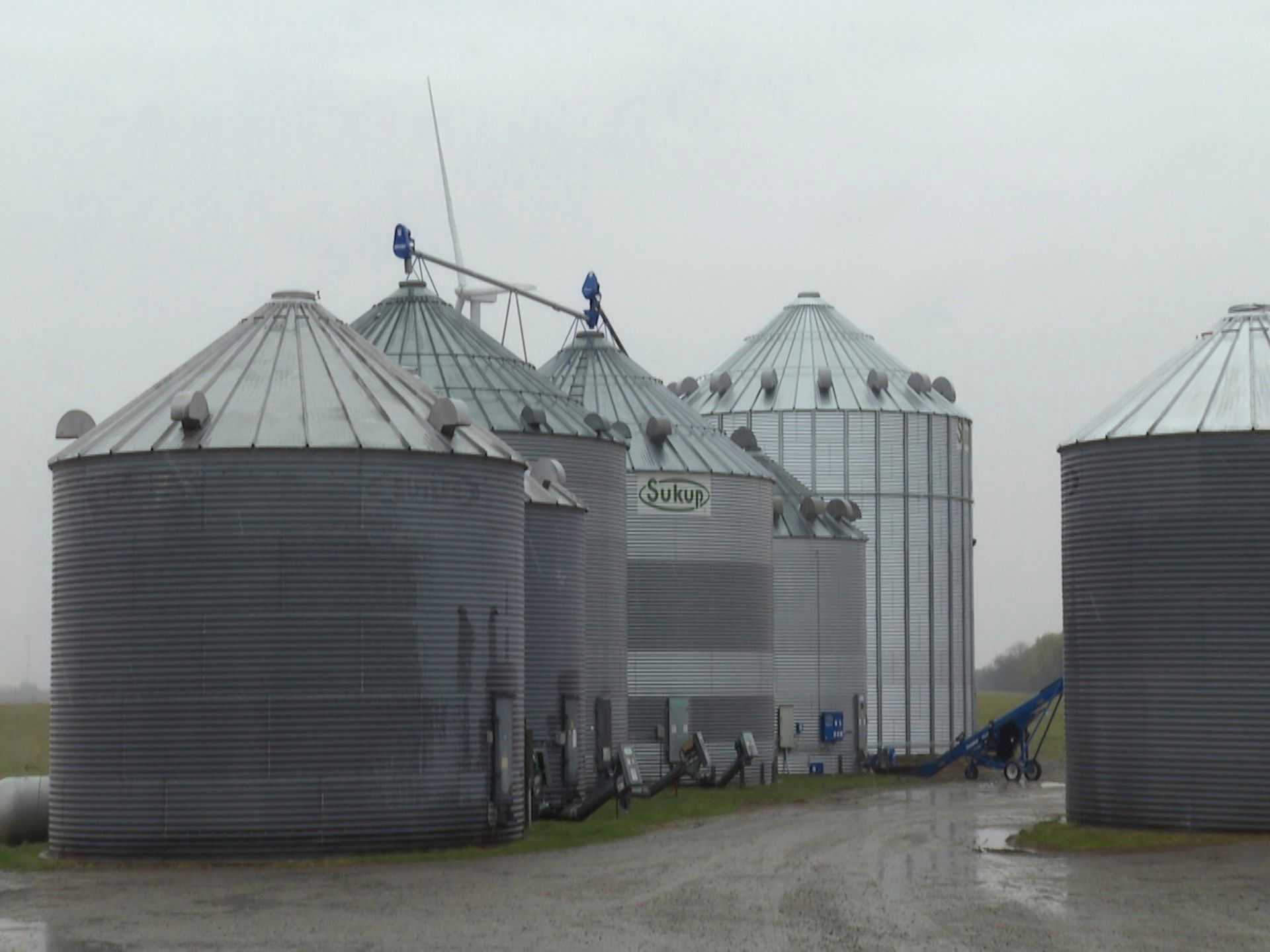 Grain bins stand on the farm that Bryant Kagay works with his father and grandfather in Amity, Missouri, Friday, April 4, 2025.