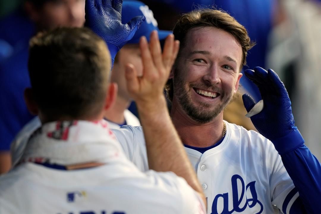 Kansas City Royals' Drew Waters celebrates in the dugout after hitting a solo home run during the sixth inning of a baseball game against the Colorado Rockies, Tuesday, April 22, 2025, in Kansas City, Mo.