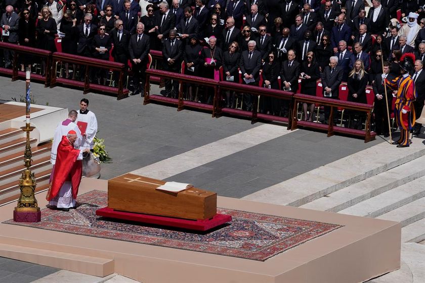 Dean of the College of Cardinals Giovanni Battista Re spreads incense around the coffin of Pope Francis during his funeral in St. Peter's Square at the Vatican, Saturday, April 26, 2025.