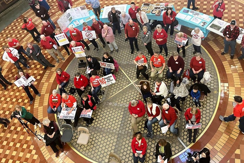 Opponents of Summit Carbon Solutions' proposed carbon dioxide pipeline gather at the state Capitol in Des Moines, Iowa, on Feb. 8, 2024.