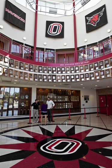 The new University of Nebraska-Omaha logo in the shape of an O is seen on campus in Omaha, Neb., Sept. 21, 2012.
