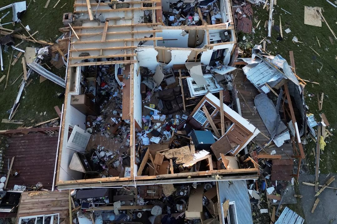 A destoryed home is seen from above after a severe storm passed through the area, Saturday, May 17, 2025, in London, Ky.