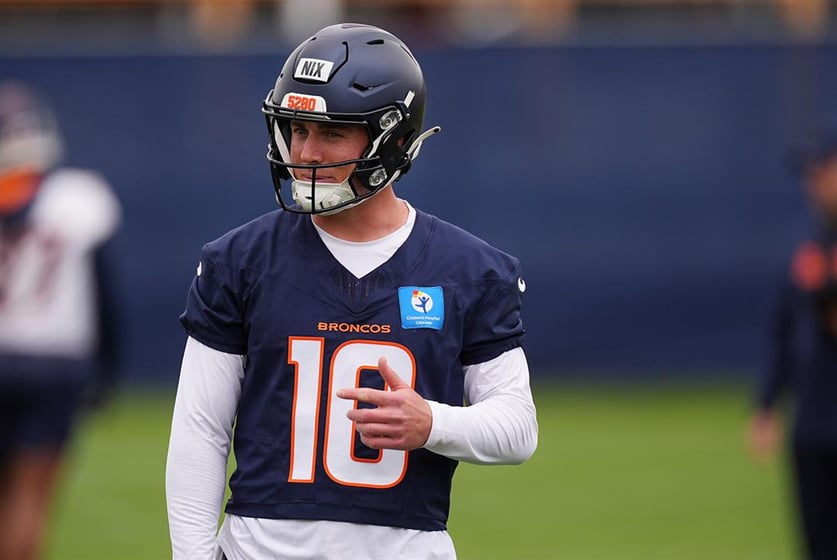 Denver Broncos quarterback Bo Nix takes part in drills during an NFL football team practice Thursday, May 29, 2025, at the Broncos' headquarters in Centennial, Colo.