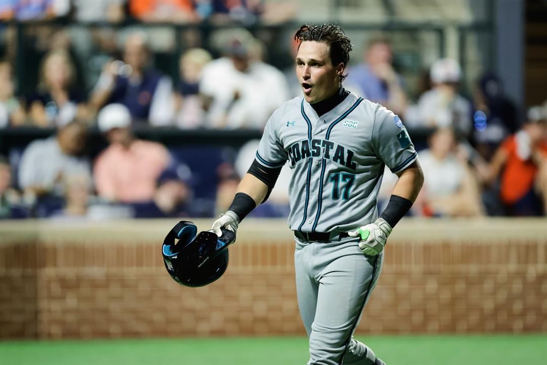 Coastal Carolina's Caden Bodine (17) celebrates hitting a solo home run during an NCAA super regional college baseball game against Auburn, Friday, June 6, 2025 in Auburn, Ala.