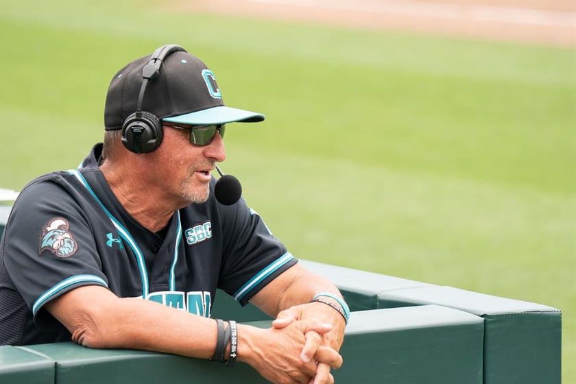 Coastal Carolina coach Gary Gilmore participates in an interview during an NCAA regional baseball game against Vanderbilt on May 31, 2024, in Clemson, S.C.