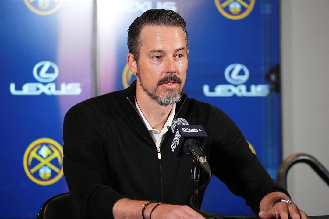 Denver Nuggets team president Josh Kroenke responds to questions about his firing of the team's general manager and head coach last week during a news conference Monday, April 14, 2025, in Denver.