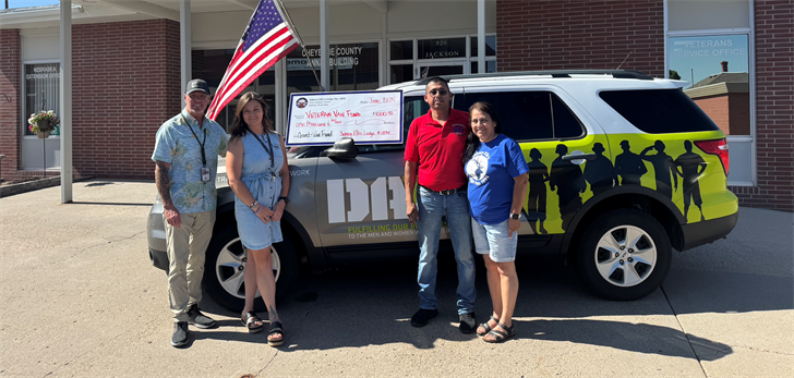 From left: Navy and Army Veteran Fred Wiedeburg (Cheyenne County Veterans Service Officer); Marine Corps Veteran Whitney Whatley (CCVSO Office Manager); Army Veteran Juan Balandran (Elks Lodge 1894 Veteran Chairman) and Oneida Balandran.