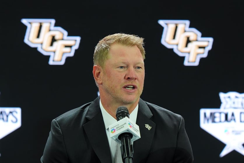 UCF head coach Scott Frost speaks during the Big 12 NCAA college football media days in Frisco, Texas, Tuesday, July 8, 2025.