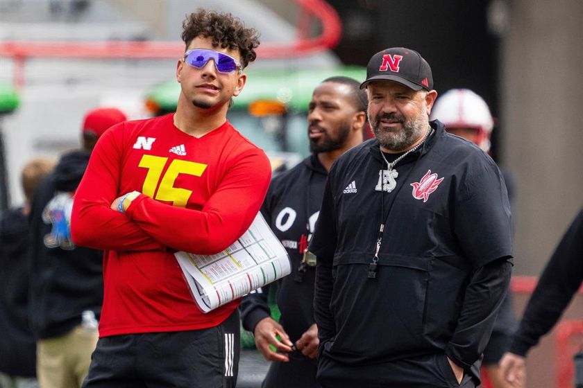 Nebraska quarterback Dylan Raiola (15) and head coach Matt Rhule watch scrimmage at NCAA college football practice, Saturday, April 26, 2025, in Lincoln, Neb.