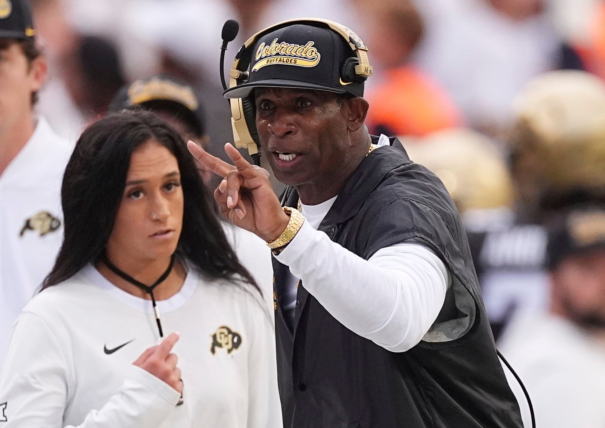 Colorado head coach Deion Sanders directs his players against Georgia Tech in the first half of an NCAA college football game Friday, Aug. 29, 2025, in Boulder, Colo.