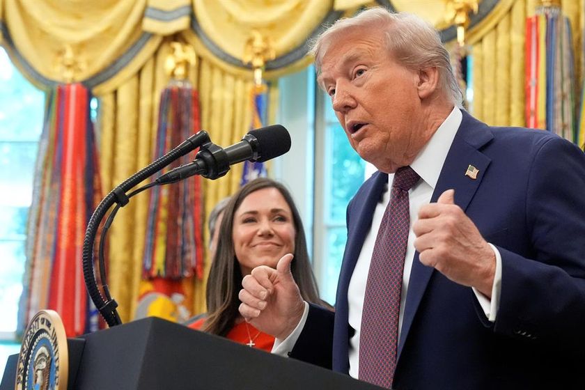 President Donald Trump speaks during an event about the relocation of U.S. Space Command headquarters from Colorado to Alabama in the Oval Office of the White House, Tuesday, Sept. 2, 2025, in Washington, as Sen. Katie Britt, R-Ala., listens.