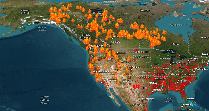 The Fire Information for Resource Management System US/Canada shows active fires (in orange) in the U.S. and Canada. Fires/Hot Spots are in red.