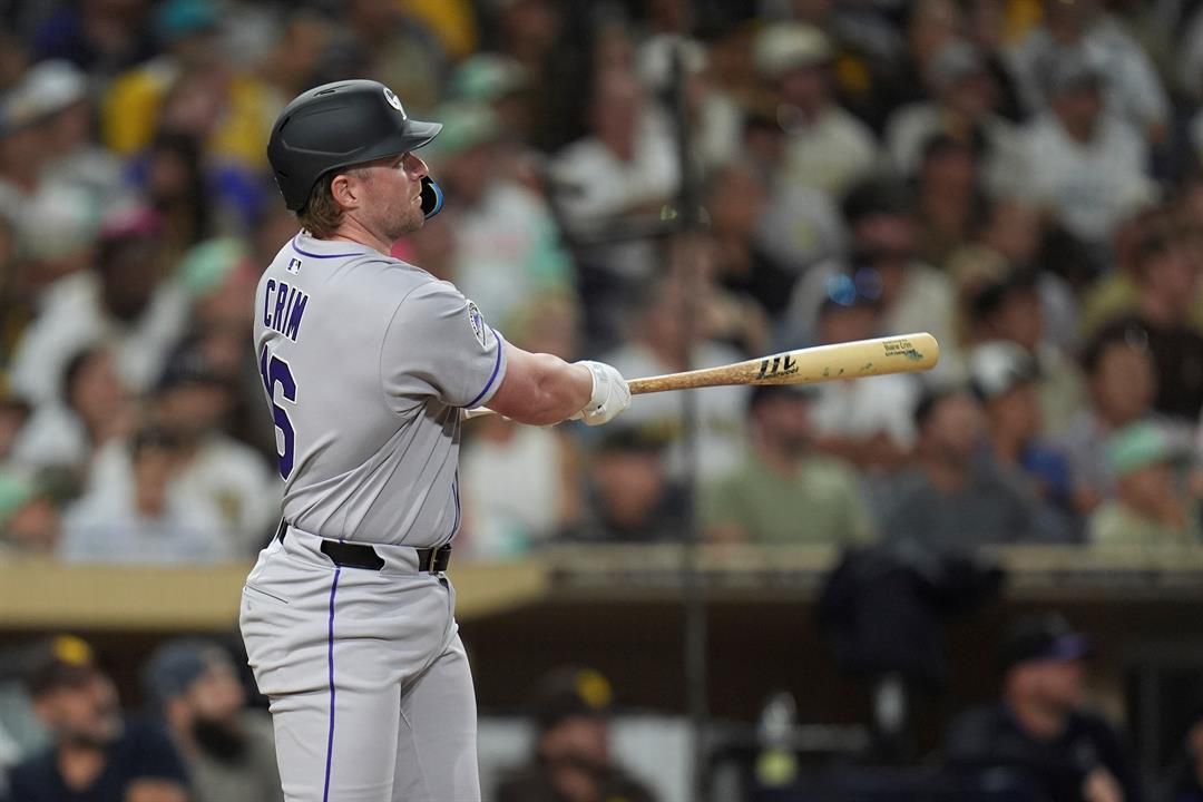 Colorado Rockies' Blaine Crim watches his three-run home run during the fourth inning of a baseball game against the San Diego Padres Friday, Sept. 12, 2025, in San Diego.