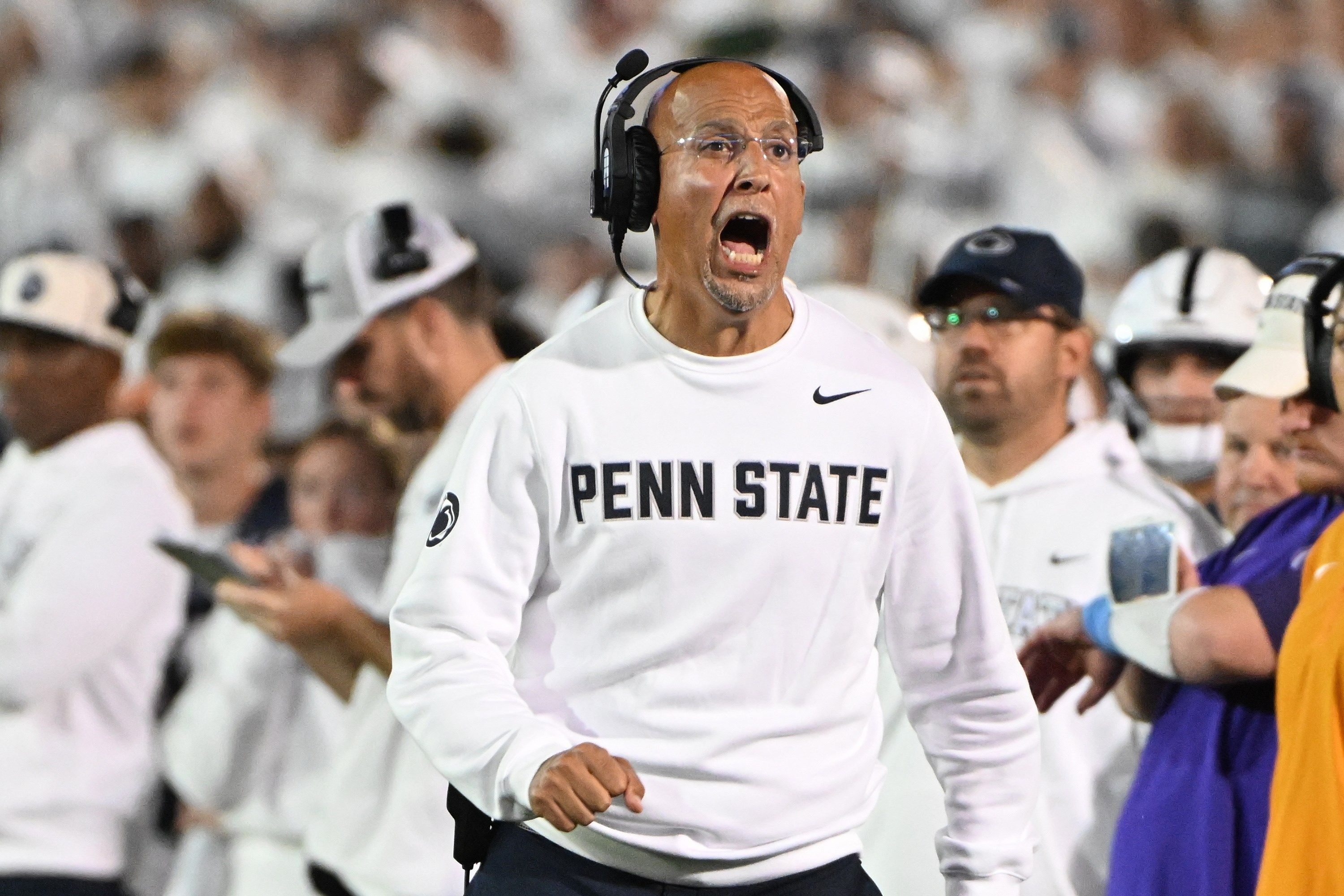 Penn State head coach James Franklin reacts against Oregon during the fourth quarter of their NCAA college football game, Saturday, Sept. 27, 2025, in State College, Pa.
