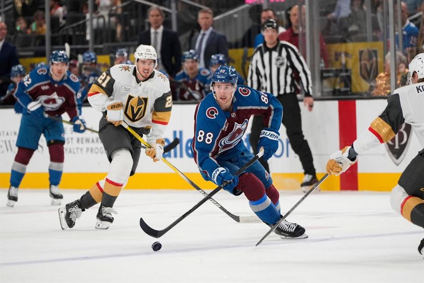 Colorado Avalanche center Martin Necas (88) skates with the puck during the first period of an NHL hockey game against the Vegas Golden Knights, Friday, Oct. 31, 2025, in Las Vegas.