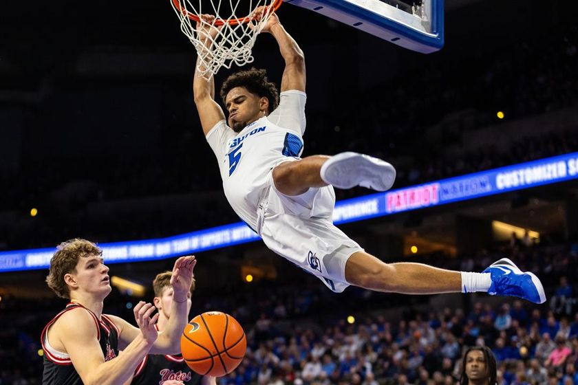 Creighton guard Nik Graves (5) dunks the ball against South Dakota during the first half of an NCAA college basketball game, Wednesday, Nov. 5, 2025, in Omaha, Neb.