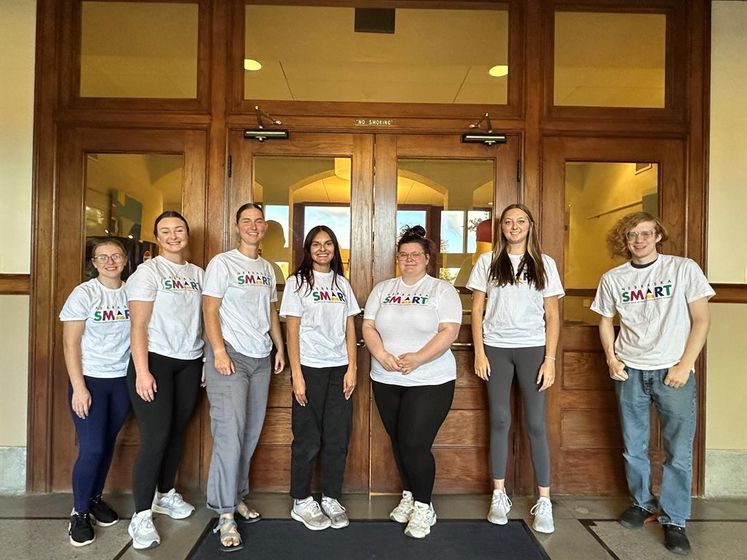 Chadron State College SMART tutors pose at Old Admin Oct. 27, 2025. From left, Sunny Eden, Kaisha Solomon, Anna Hutchison, Emily Marin, Katy Jones, Mackayla Wallin, and Clementine Haskell.
