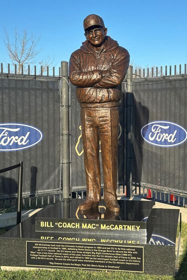 A statue of Colorado head coach Bill McCartney stands in Franklin Field after being unveiled Saturday, Nov. 22, 2025, in Boulder, Colo.