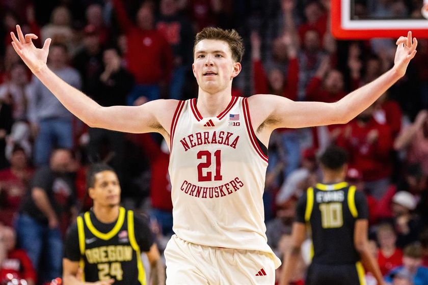 Nebraska forward Pryce Sandfort (21) celebrates after scoring against Oregon during the second half of an NCAA college basketball game, Tuesday, Jan. 13, 2026, in Lincoln, Neb.